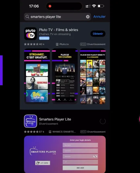 Recherche « Smarters Player Lite » dans l’App Store d’un iPhone, avec l’application en cours de téléchargement