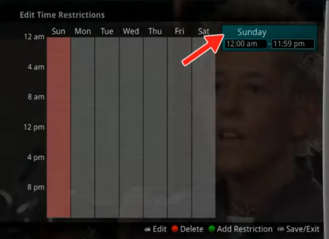Écran « Edit Time Restrictions » avec une plage horaire en cours de réglage pour le dimanche