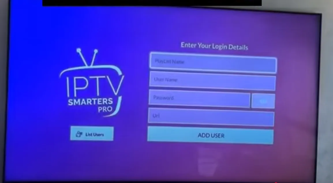 Écran de connexion d’IPTV Smarters Pro sur TV Samsung : nom de playlist, nom d’utilisateur, mot de passe et URL