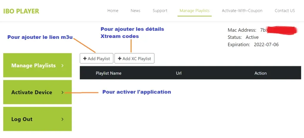 Tableau de bord du site IBO Player avec les boutons « Add Playlist », « Add XC Playlist » et « Activate Device »