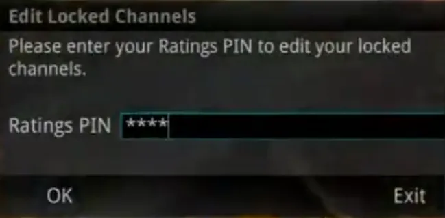 Écran « Edit Locked Channels » demandant le code PIN avant de modifier les chaînes verrouillées