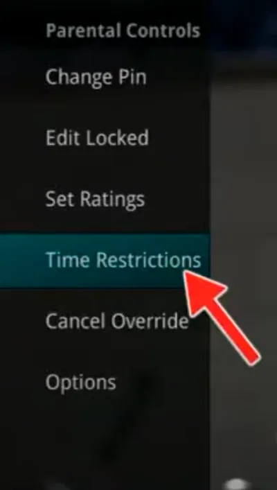 Menu « Parental Controls » avec l’option « Time Restrictions » (restrictions horaires) sélectionnée