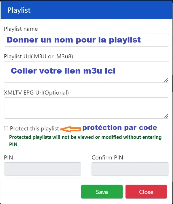 Formulaire d’ajout de playlist sur le site IBO Player : nom, URL M3U, URL EPG facultative et protection par code PIN