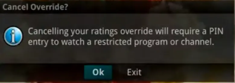 Fenêtre « Cancel Override » confirmant que le code PIN sera de nouveau demandé pour un programme restreint