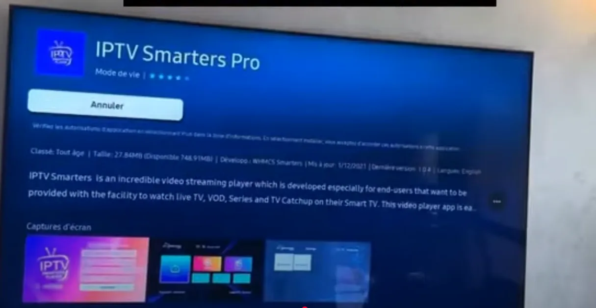 Fiche de l’application IPTV Smarters Pro dans la boutique d’une TV Samsung, pendant l’installation