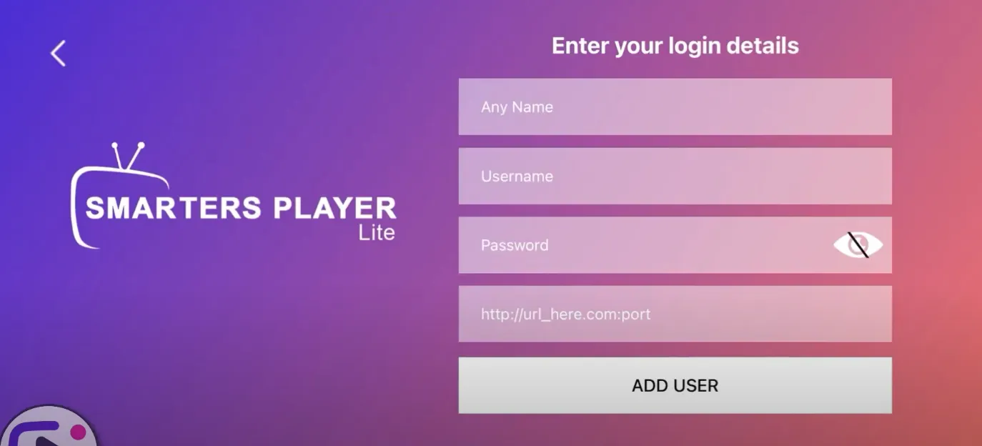 Écran de connexion de Smarters Player Lite : nom, nom d’utilisateur, mot de passe, URL du serveur et bouton « Add User »