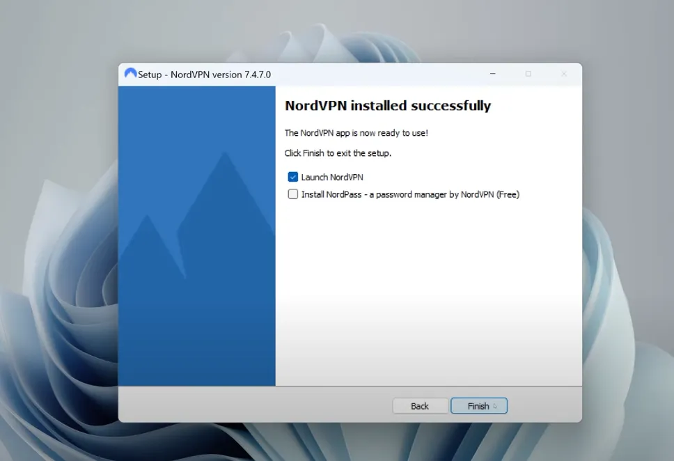Fin de l’installation de NordVPN sur Windows, avec l’option « Launch NordVPN » cochée
