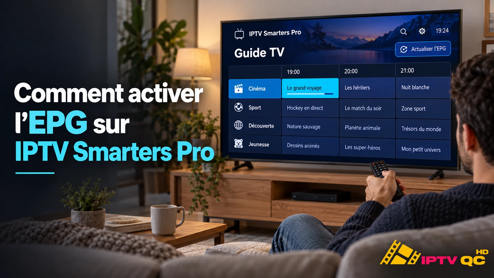 Téléviseur affichant le guide TV (EPG) d’IPTV Smarters Pro dans un salon, avec le titre « Comment activer l’EPG sur IPTV Smarters Pro »