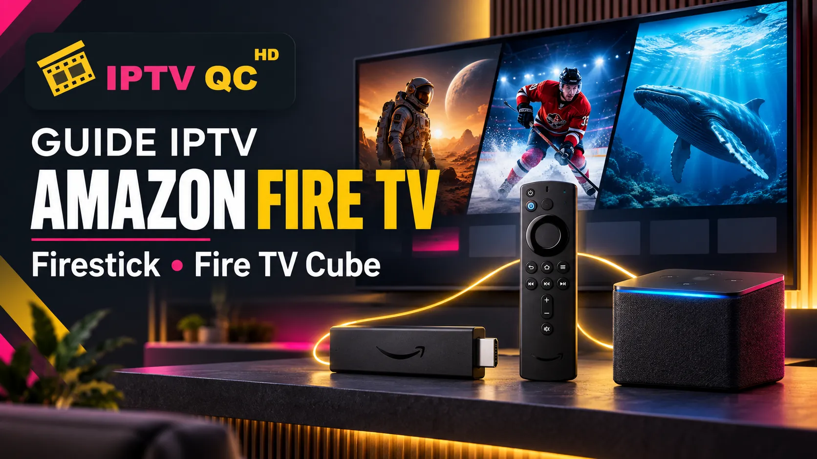 Bannière IPTV QC HD « Guide IPTV Amazon Fire TV, Firestick, Fire TV Cube » : un Firestick, une télécommande Fire TV et un Fire TV Cube devant un téléviseur qui affiche un film de science-fiction, un match de hockey et un documentaire sous-marin.