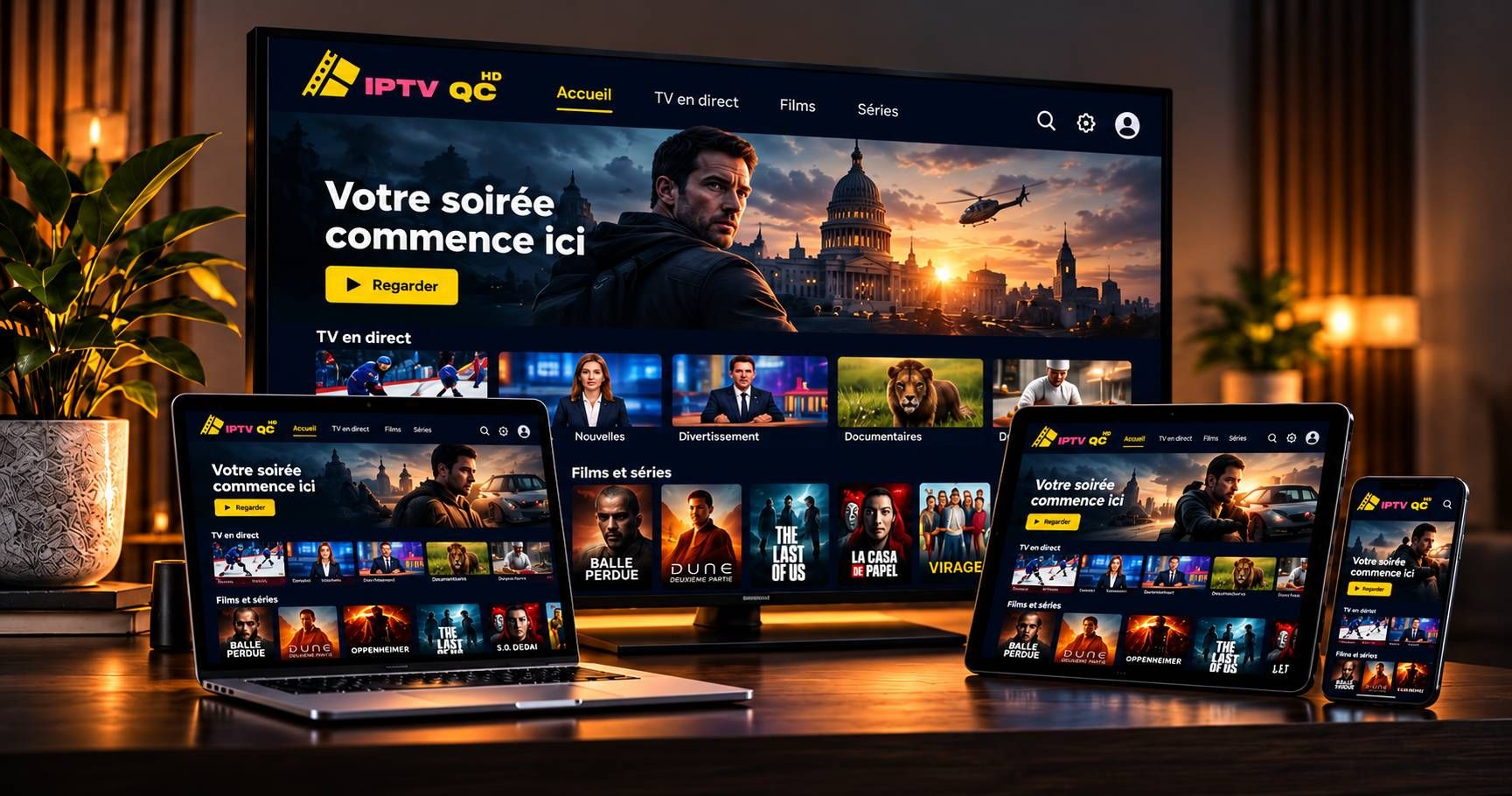 Téléviseur, ordinateur portable et tablette affichant la même application IPTV dans un salon