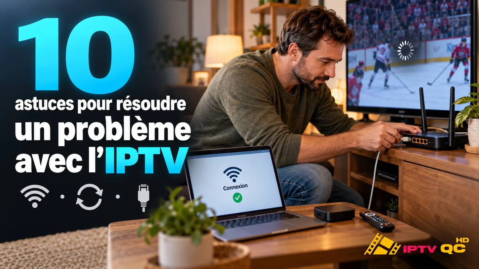 Homme qui branche un câble Ethernet sur son routeur devant un match de hockey en chargement, avec le titre « 10 astuces pour résoudre un problème avec l’IPTV »
