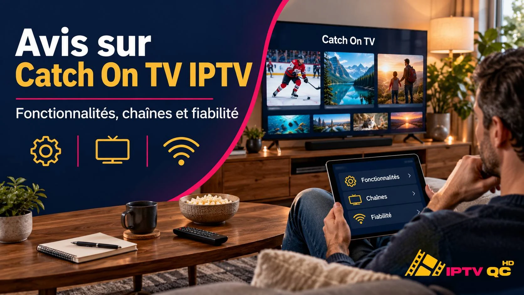 Homme sur un canapé consultant sur une tablette les rubriques Fonctionnalités, Chaînes et Fiabilité, devant un téléviseur affichant l’interface Catch On TV, avec le titre « Avis sur Catch On TV IPTV »