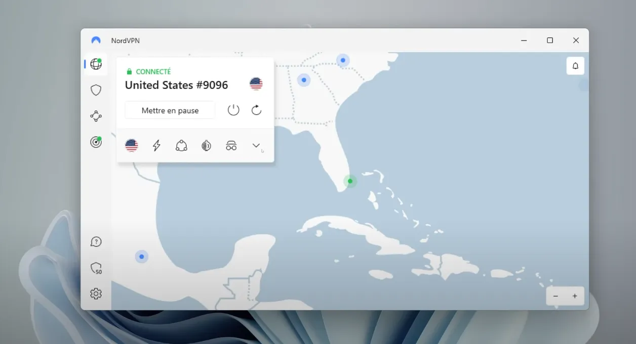 Application NordVPN sur Windows indiquant « Connecté » à un serveur aux États-Unis