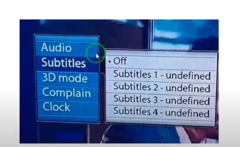 Menu de lecture IPTV ouvert sur « Subtitles », avec le choix entre Off et plusieurs pistes de sous-titres