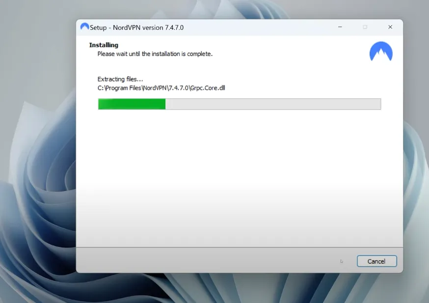 Installation de NordVPN sur Windows : barre de progression pendant l’extraction des fichiers