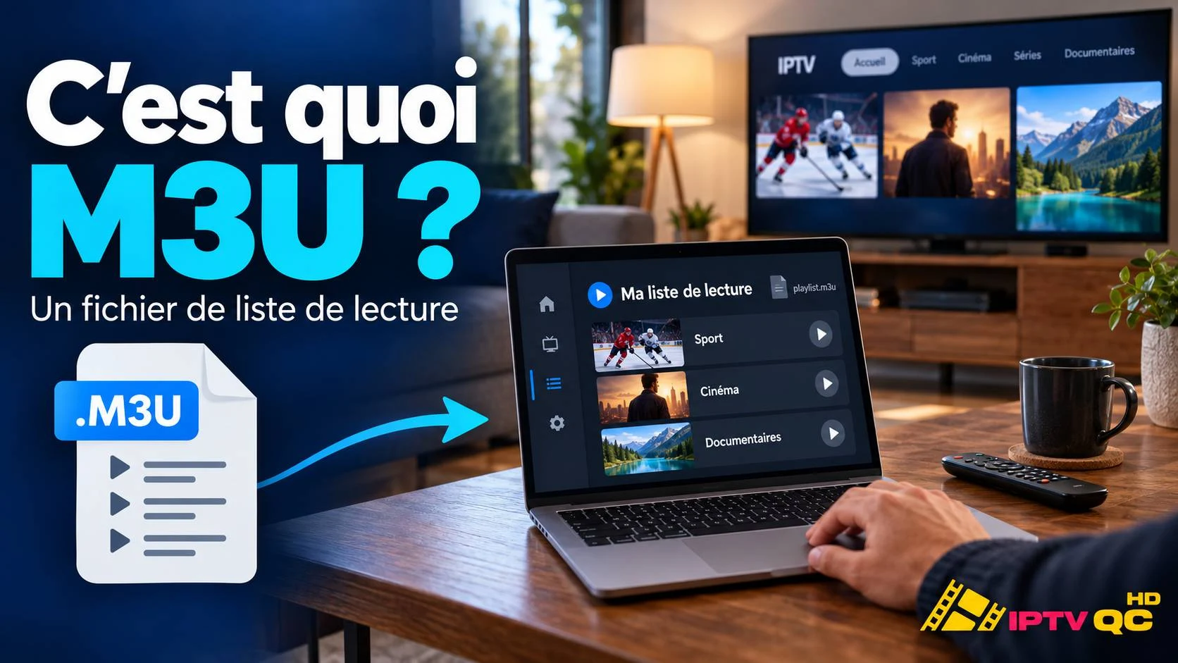 Fichier .M3U relié à une liste de lecture IPTV (sport, cinéma, documentaires) sur un ordinateur portable, avec le titre « C’est quoi M3U ? Un fichier de liste de lecture »