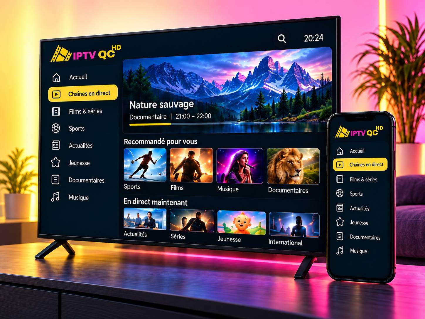 Interface IPTV Québec affichée sur un téléviseur et un téléphone.