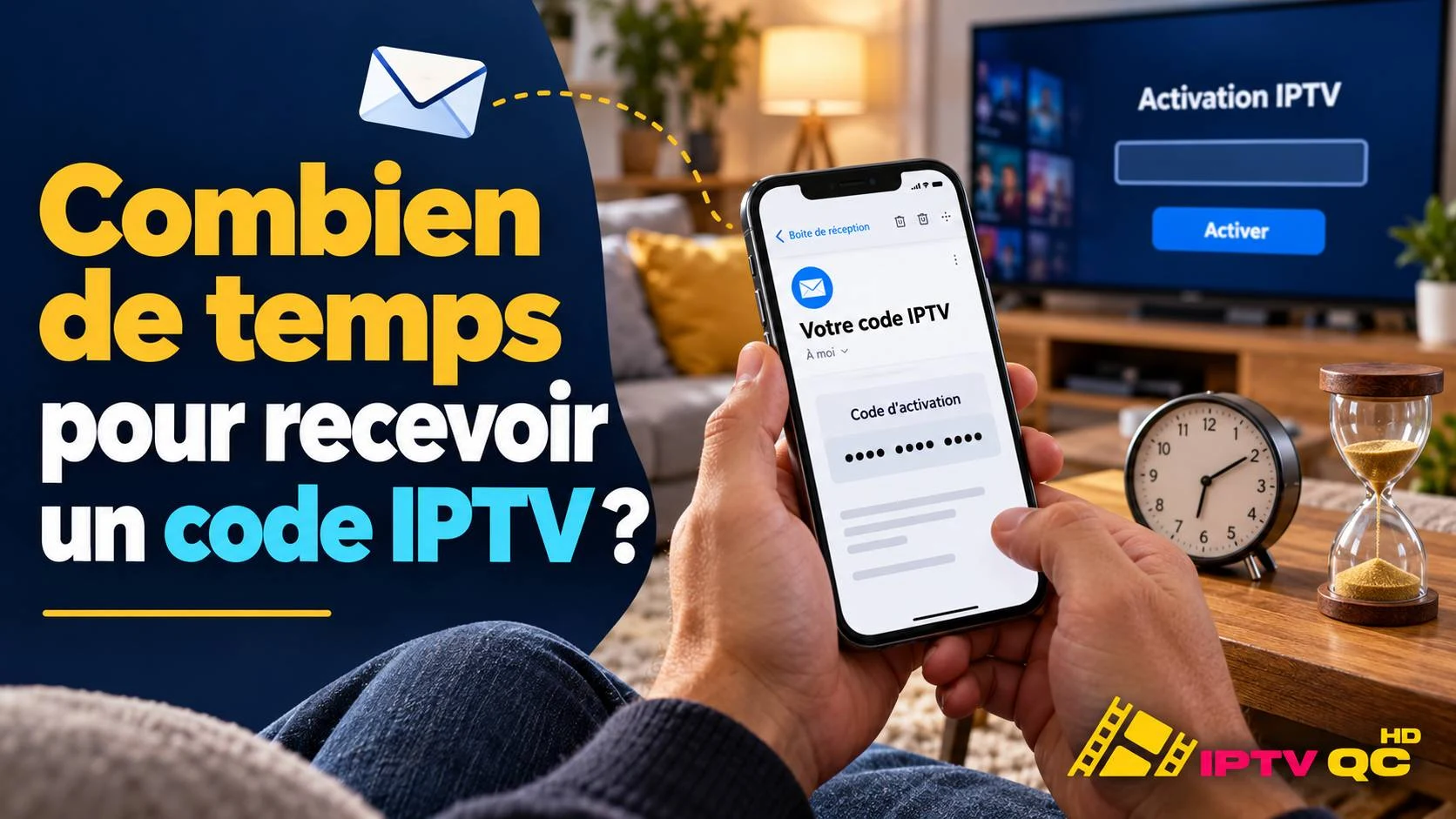 Personne qui consulte sur son téléphone le courriel contenant son code d’activation IPTV, devant un téléviseur affichant l’écran d’activation, avec le titre « Combien de temps pour recevoir un code IPTV ? »