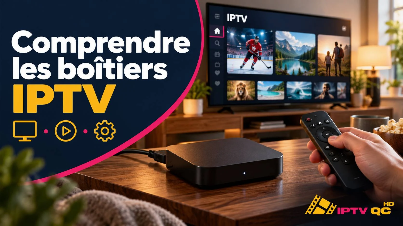Main tenant une télécommande devant un boîtier IPTV posé sur une table et un téléviseur affichant une interface IPTV, avec le titre « Comprendre les boîtiers IPTV »