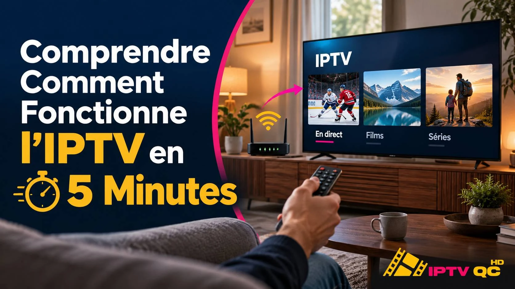Routeur Wi-Fi relié à un téléviseur affichant une application IPTV (en direct, films, séries), télécommande en main, avec le titre « Comprendre comment fonctionne l’IPTV en 5 minutes »