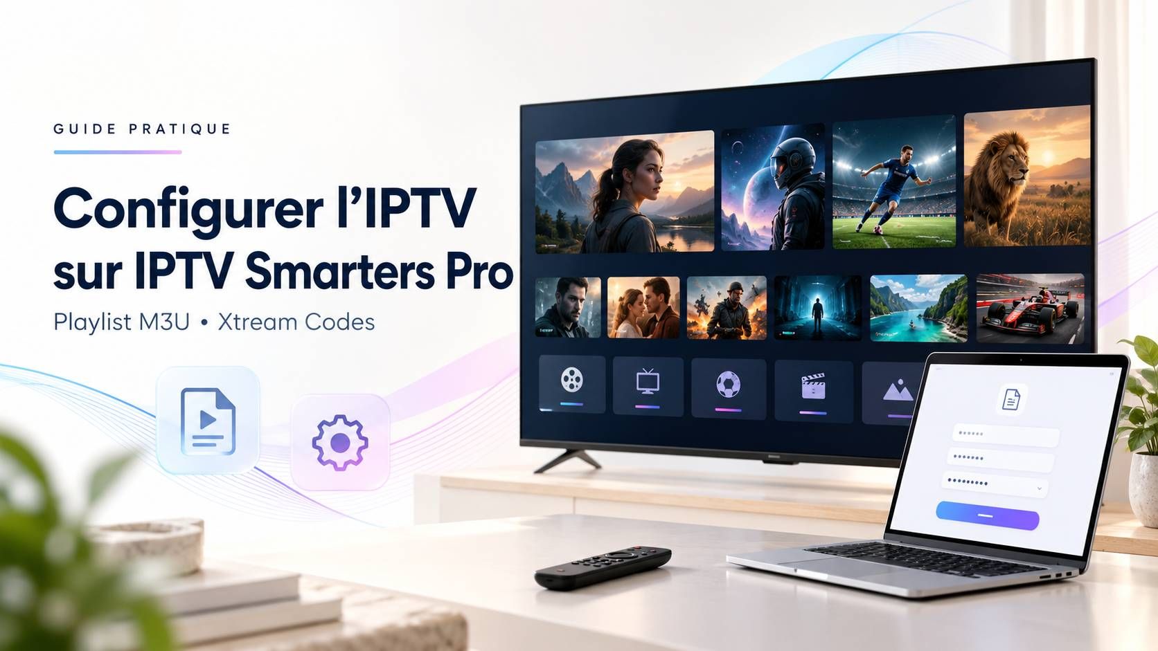 Illustration « Configurer l’IPTV sur IPTV Smarters Pro, playlist M3U et Xtream Codes » : un téléviseur affichant un catalogue de contenus et un ordinateur portable ouvert sur un formulaire de connexion.