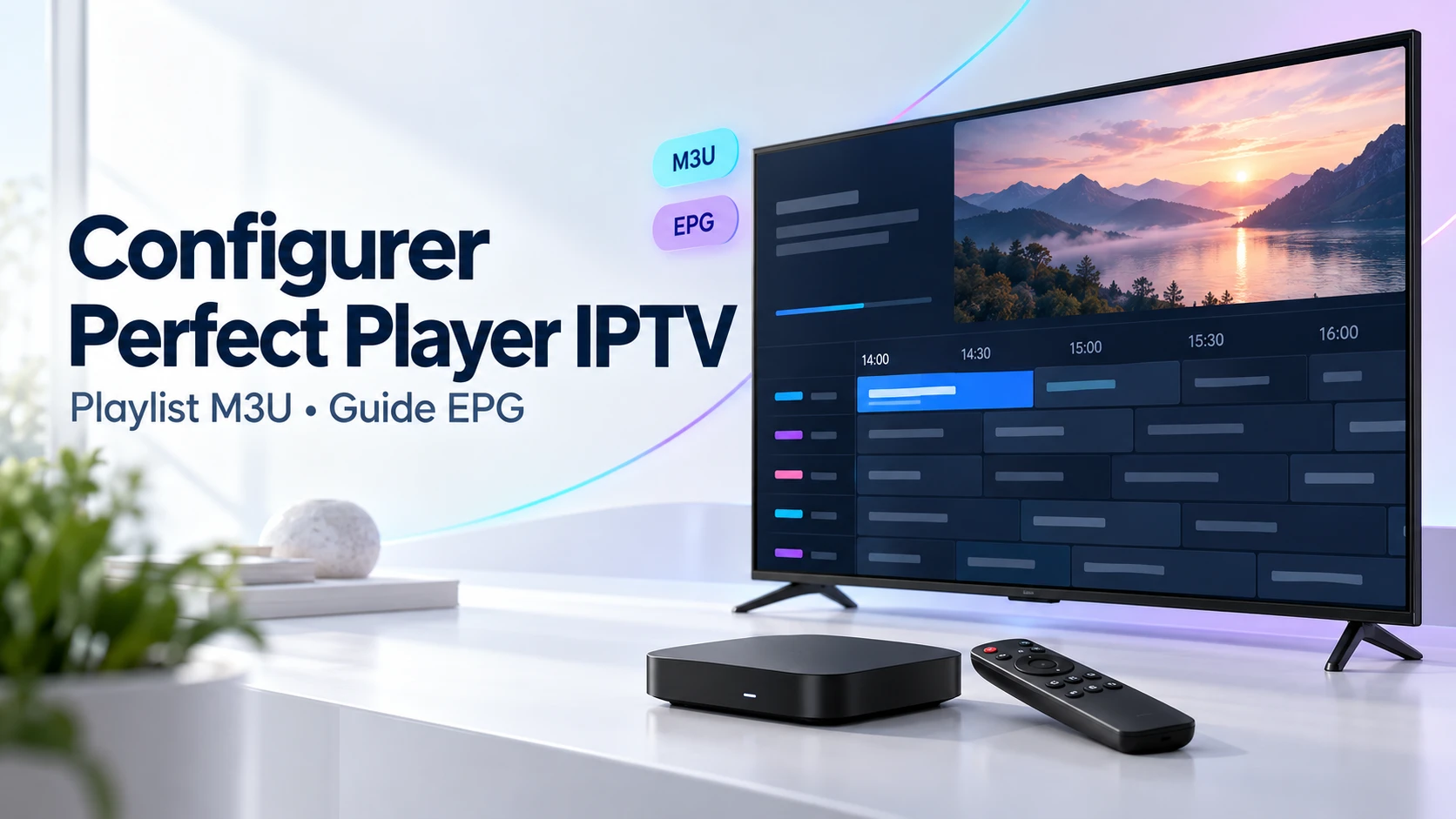 Illustration « Configurer Perfect Player IPTV, playlist M3U et guide EPG » : un téléviseur affichant une grille de programmes, avec un boîtier et une télécommande.