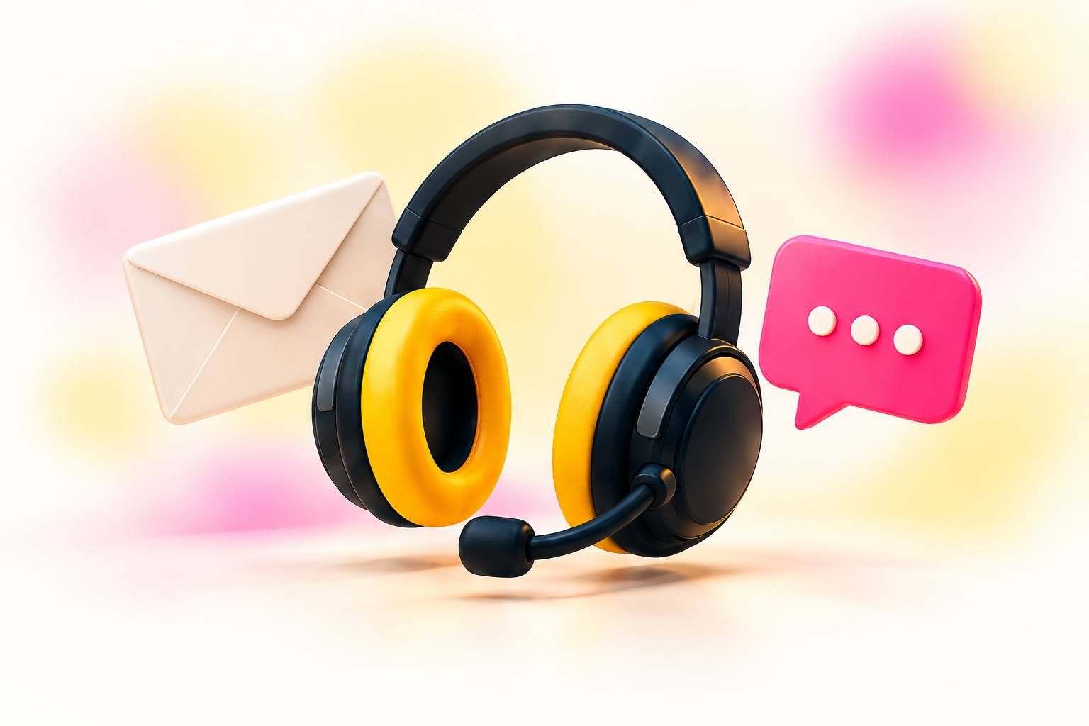 Casque d’assistance entouré d’une enveloppe et d’une bulle de discussion.