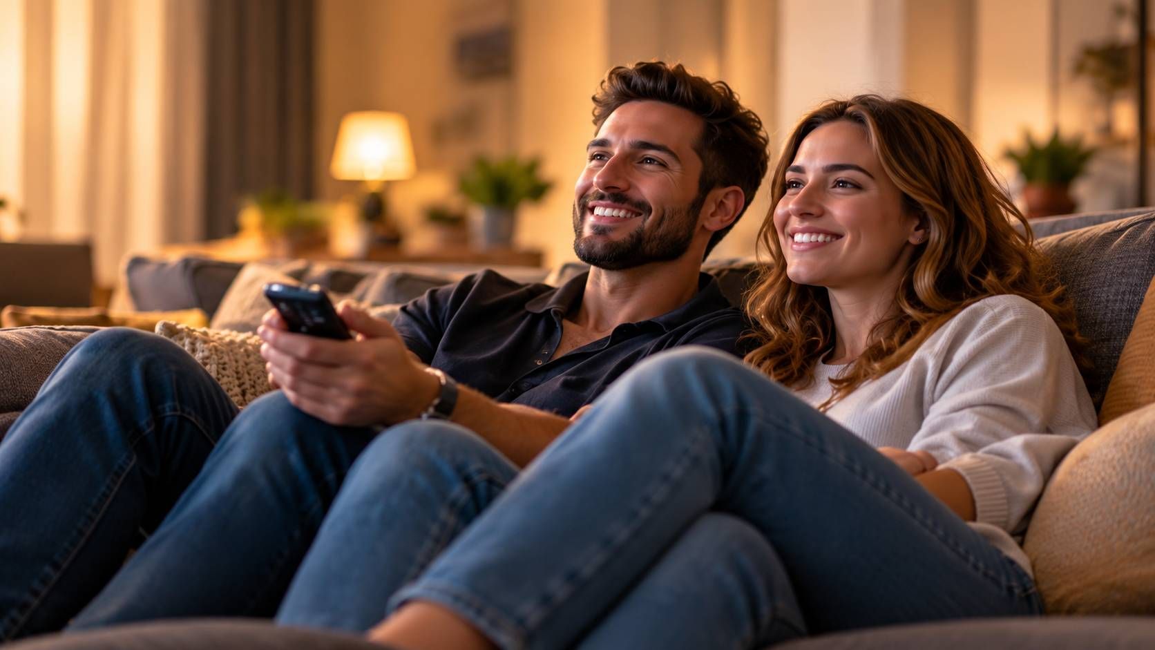 Couple souriant qui regarde la télévision dans son salon