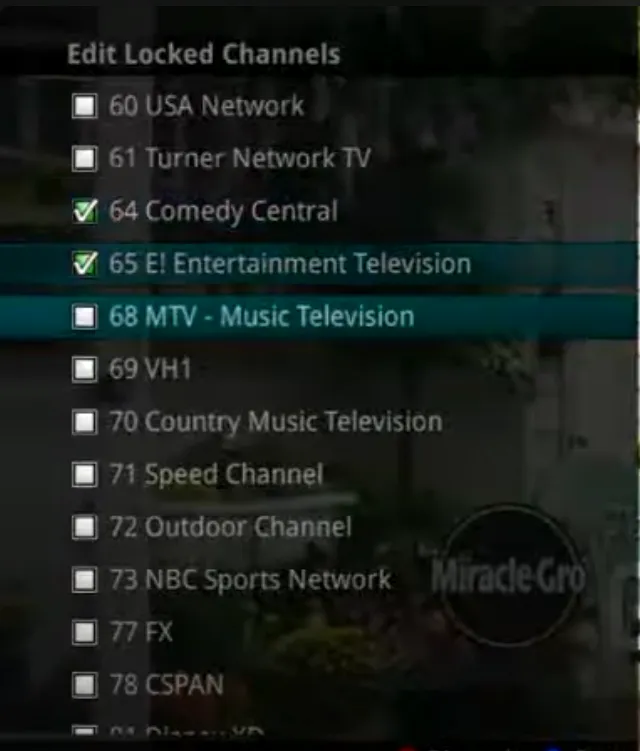 Liste « Edit Locked Channels » avec plusieurs chaînes cochées, donc verrouillées