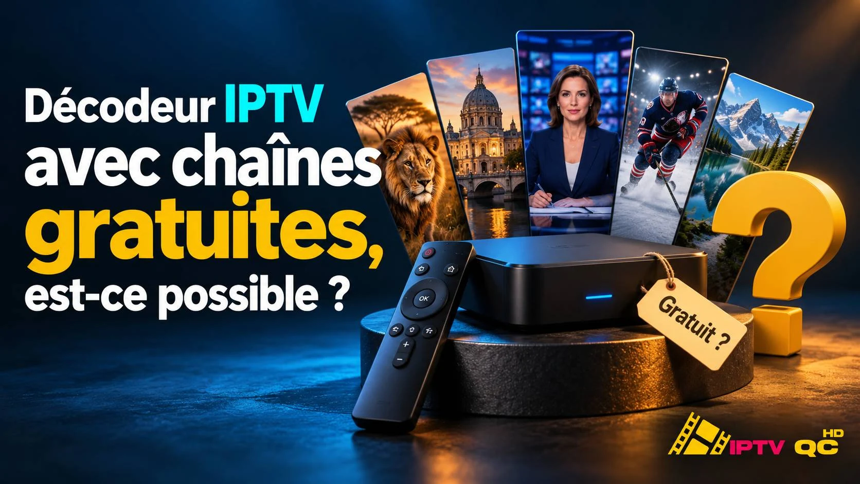 Décodeur IPTV et télécommande avec une étiquette « Gratuit ? » et un point d’interrogation, devant des vignettes de chaînes, avec le titre « Décodeur IPTV avec chaînes gratuites, est-ce possible ? »
