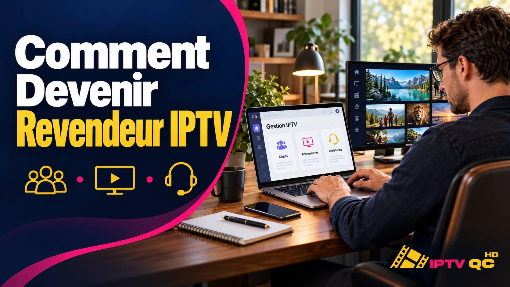 Homme travaillant sur un ordinateur portable affichant un tableau de bord « Gestion IPTV » avec les rubriques Clients, Abonnements et Assistance, avec le titre « Comment devenir revendeur IPTV »