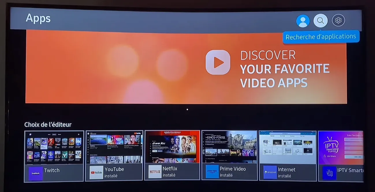 Section Applications d’une TV Samsung avec le bouton « Recherche d’applications » mis en évidence