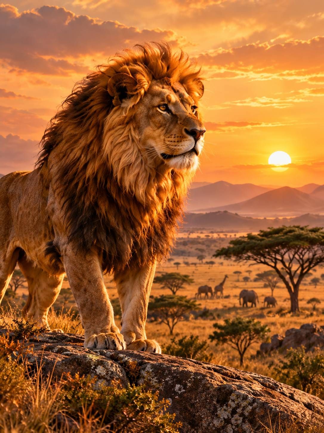 Lion sur un rocher au coucher du soleil, éléphants et girafe dans la savane en arrière-plan