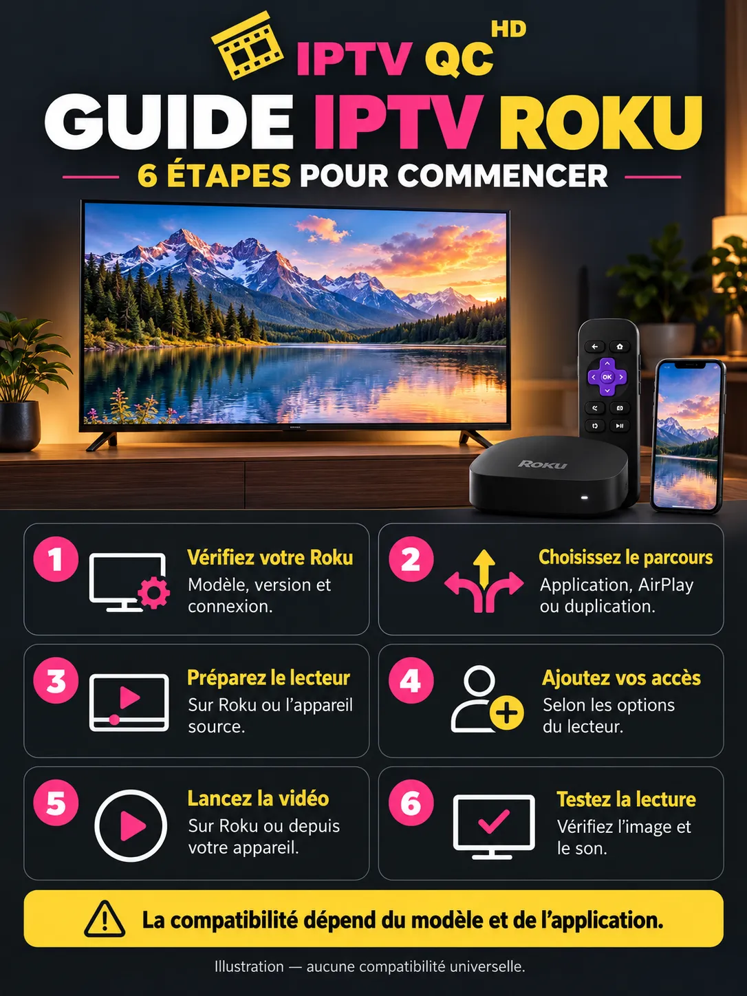 Infographie « Guide IPTV Roku : 6 étapes pour commencer ». 1 : vérifiez votre Roku, modèle, version et connexion. 2 : choisissez le parcours, application, AirPlay ou duplication. 3 : préparez le lecteur sur Roku ou sur l’appareil source. 4 : ajoutez vos accès selon les options du lecteur. 5 : lancez la vidéo sur Roku ou depuis votre appareil. 6 : testez la lecture, l’image et le son. La compatibilité dépend du modèle et de l’application.