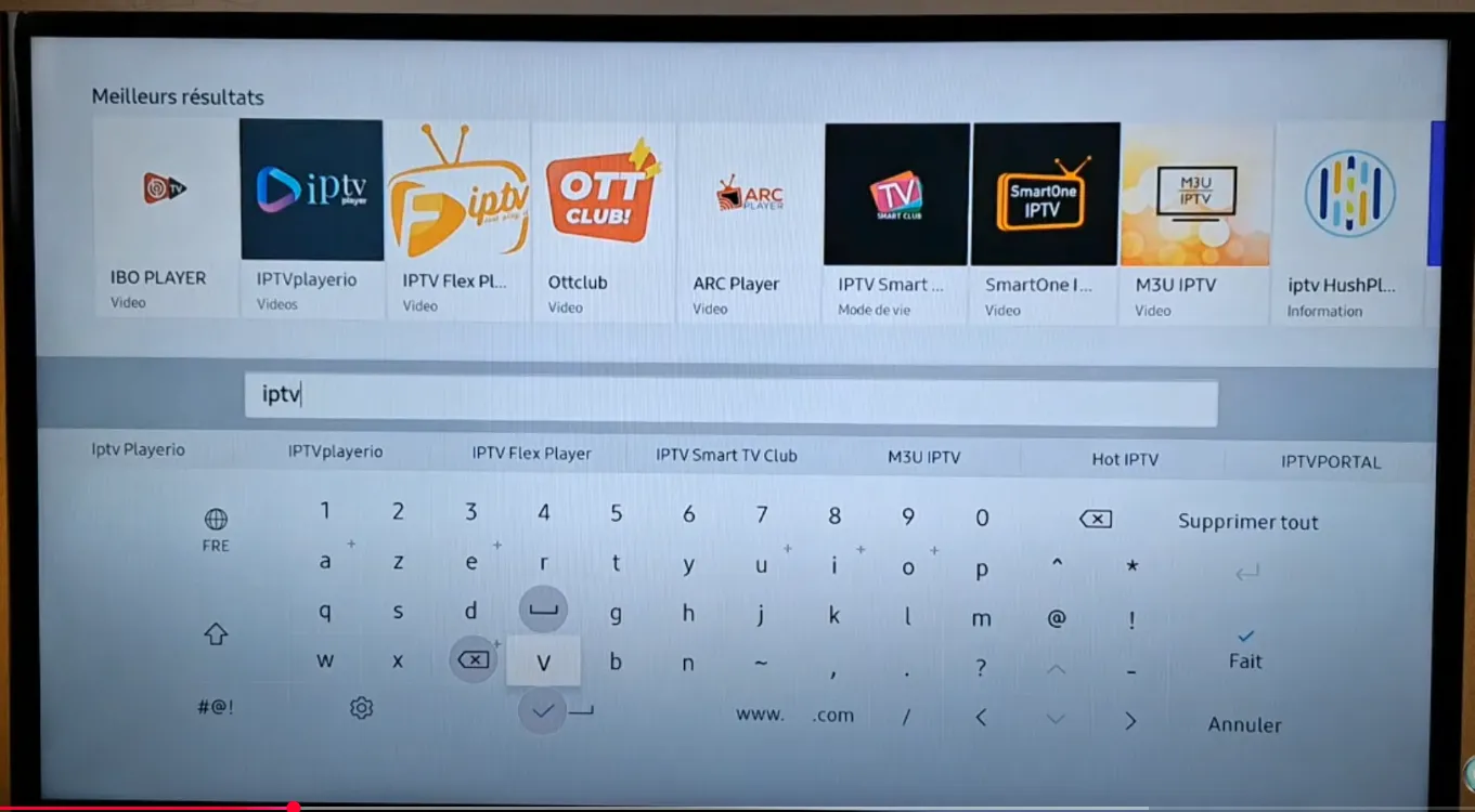 Résultats de recherche « iptv » dans la boutique d’une TV Samsung, avec plusieurs lecteurs IPTV proposés