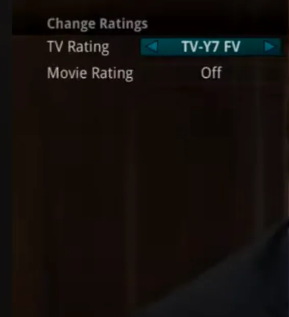 Écran « Change Ratings » pour régler la classification maximale des émissions et des films
