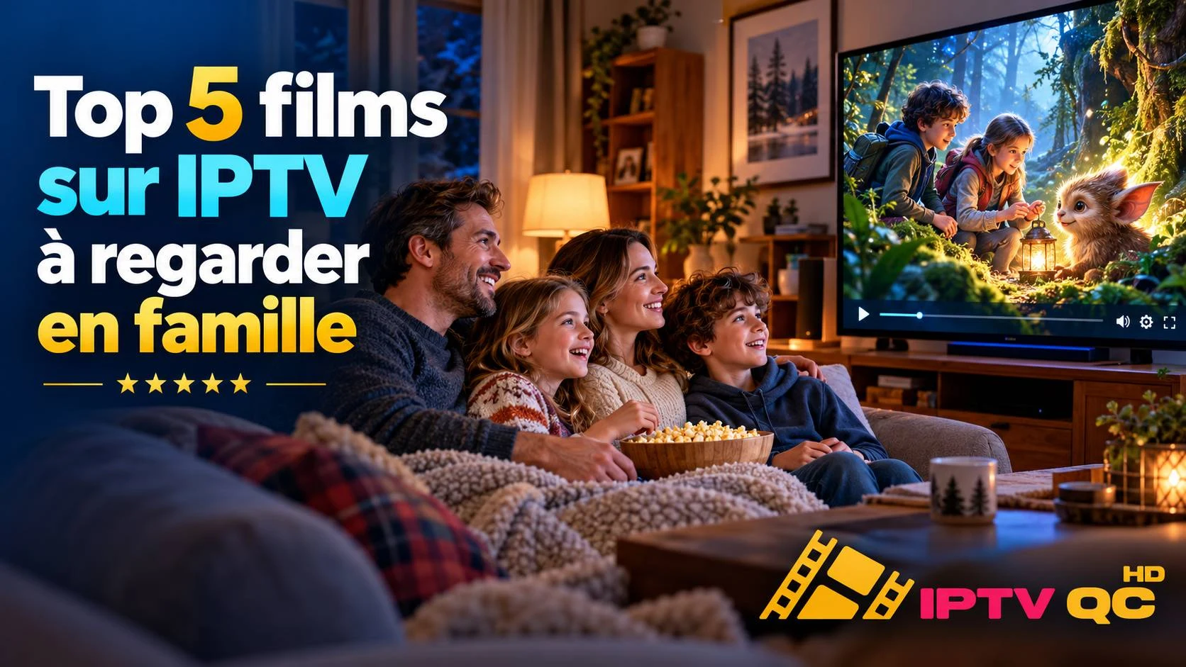 Famille réunie sur le canapé avec du maïs soufflé devant un film d’aventure à la télévision, avec le titre « Top 5 films sur IPTV à regarder en famille »