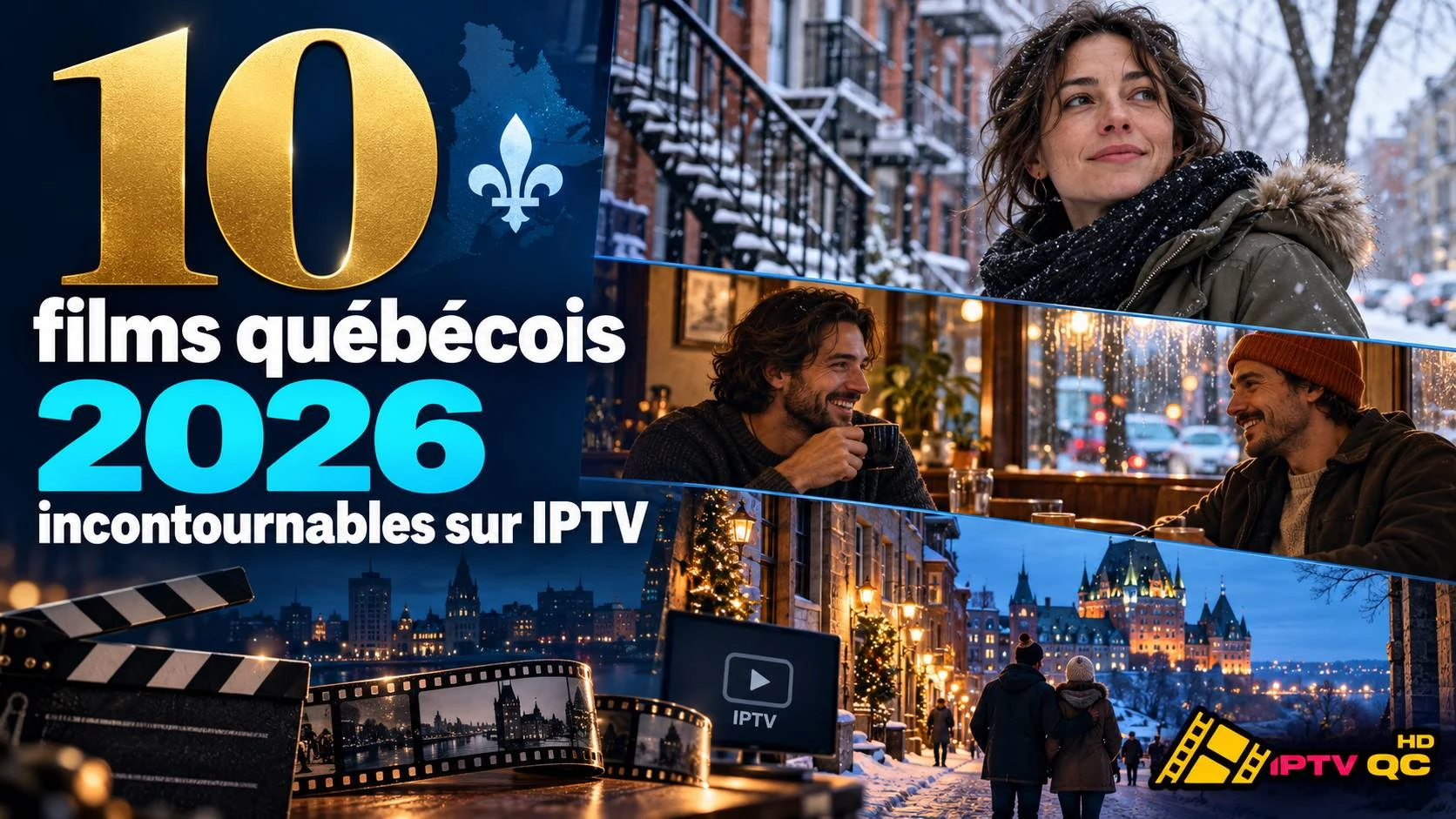 Scènes d’hiver au Québec (rue enneigée, café, Château Frontenac la nuit), clap de cinéma et pellicule, avec le titre « 10 films québécois 2026 incontournables sur IPTV »