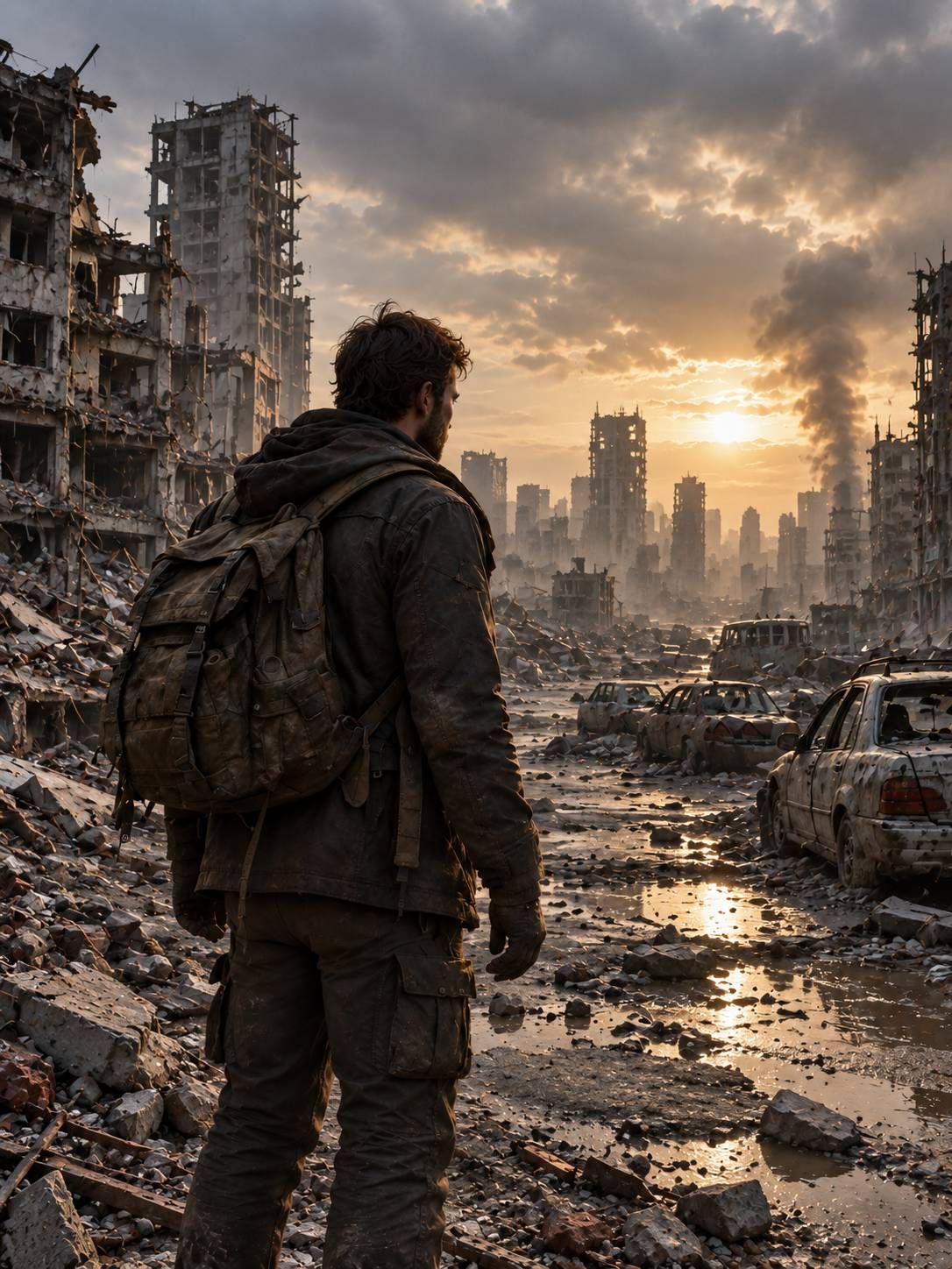 Survivant de dos, sac au dos, face à une ville en ruines au coucher du soleil