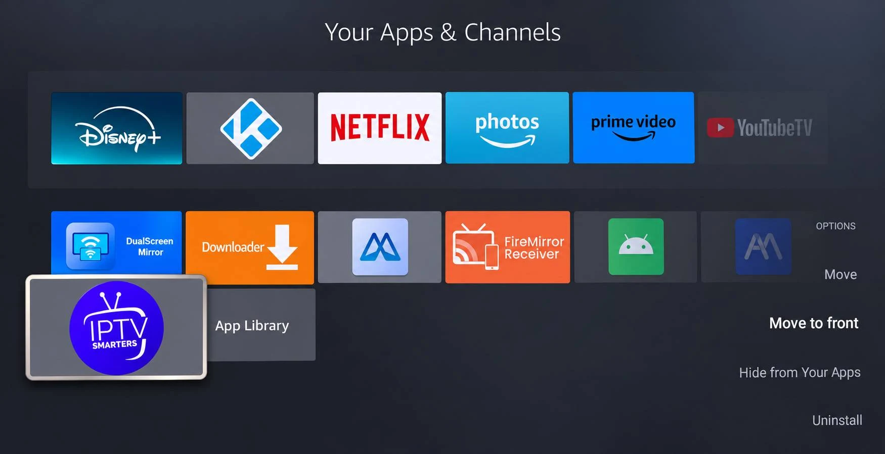Écran « Your Apps & Channels » d’un Fire TV Stick avec IPTV Smarters sélectionnée et le menu Options ouvert