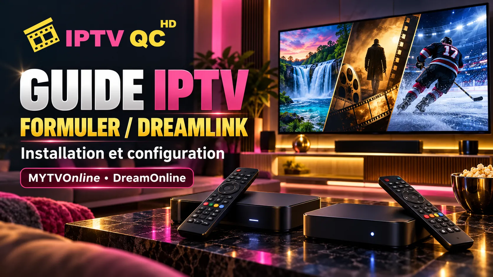 Guide IPTV Formuler et Dreamlink avec boîtiers et télécommandes aux couleurs IPTV QC HD