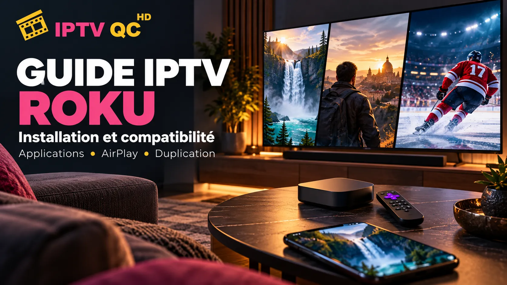 Bannière IPTV QC HD « Guide IPTV Roku, installation et compatibilité : applications, AirPlay, duplication » : un boîtier, une télécommande et un téléphone devant un téléviseur qui affiche une chute d’eau, un voyageur et un match de hockey.