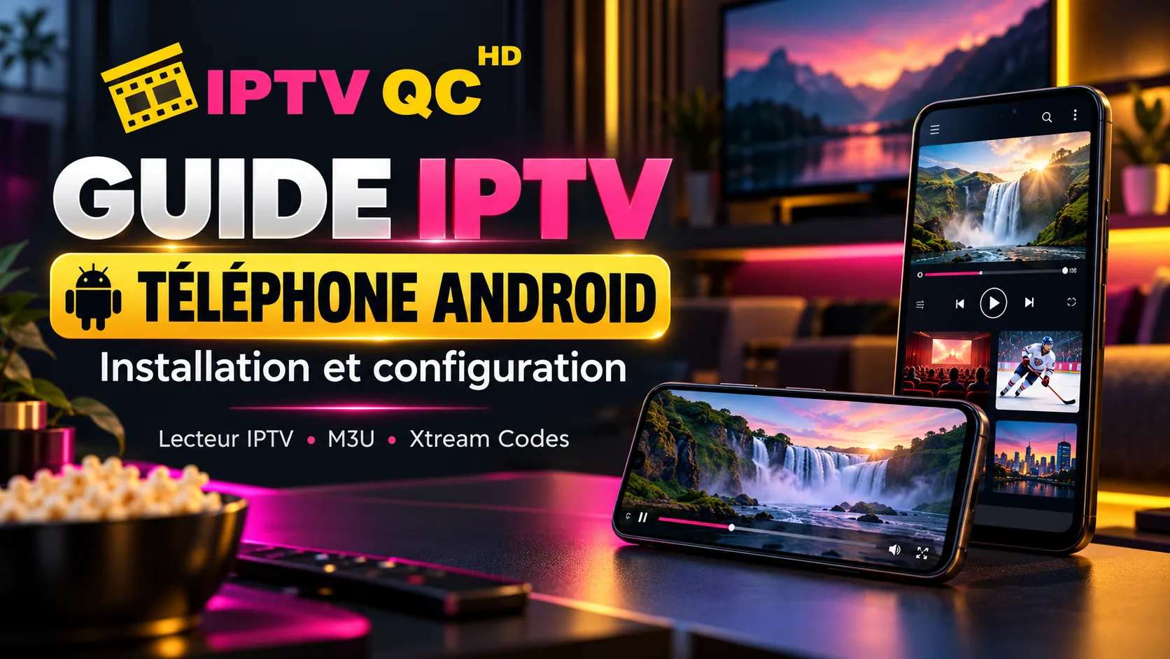 Bannière IPTV QC HD « Guide IPTV Téléphone Android, installation et configuration : lecteur IPTV, M3U, Xtream Codes » : deux téléphones Android affichent un lecteur vidéo avec une chute d’eau et un match de hockey, devant un téléviseur dans un salon.