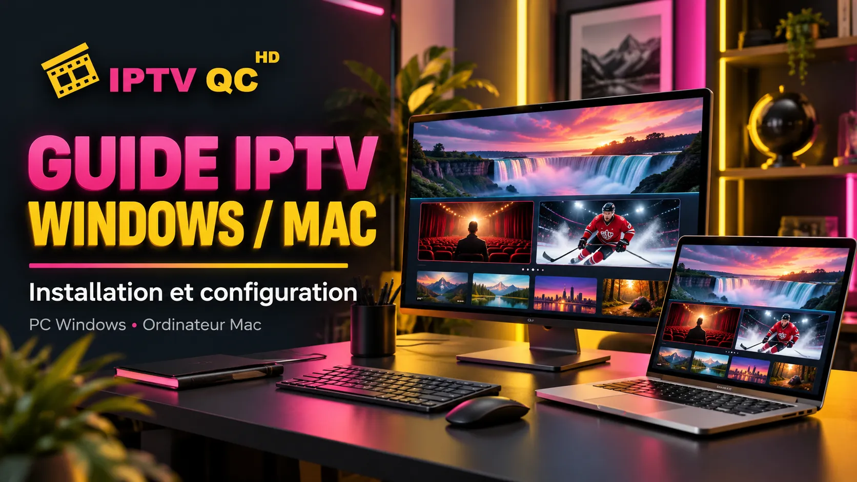 Bannière IPTV QC HD « Guide IPTV Windows / Mac, installation et configuration : PC Windows, ordinateur Mac » : un écran de bureau et un ordinateur portable affichent un lecteur avec une chute d’eau, une salle de cinéma et un match de hockey.