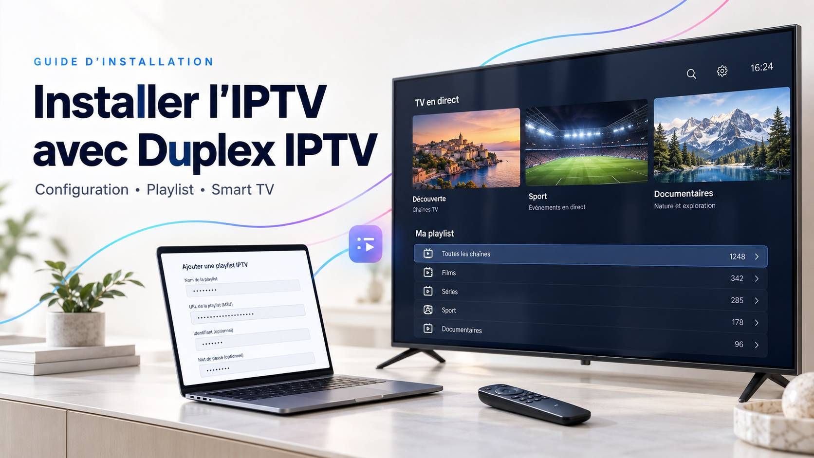 Téléviseur et ordinateur illustrant la configuration d’une playlist IPTV avec Duplex IPTV.