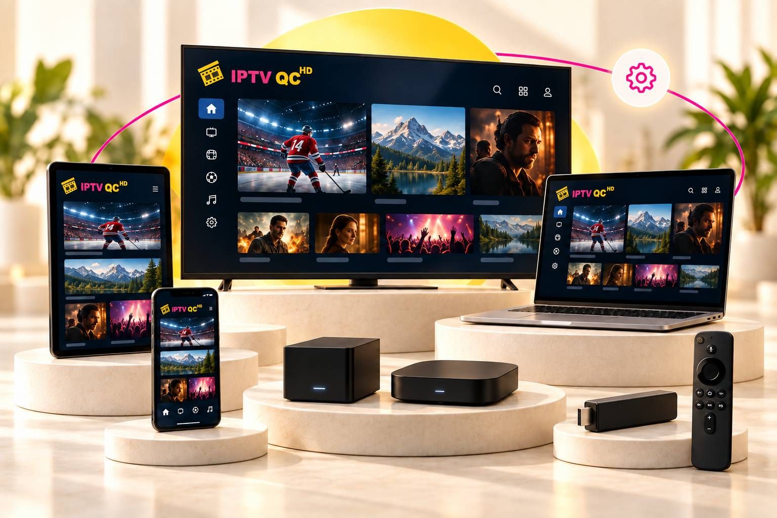 Téléviseur, tablette, téléphone, ordinateur et boîtiers de diffusion affichant une application IPTV