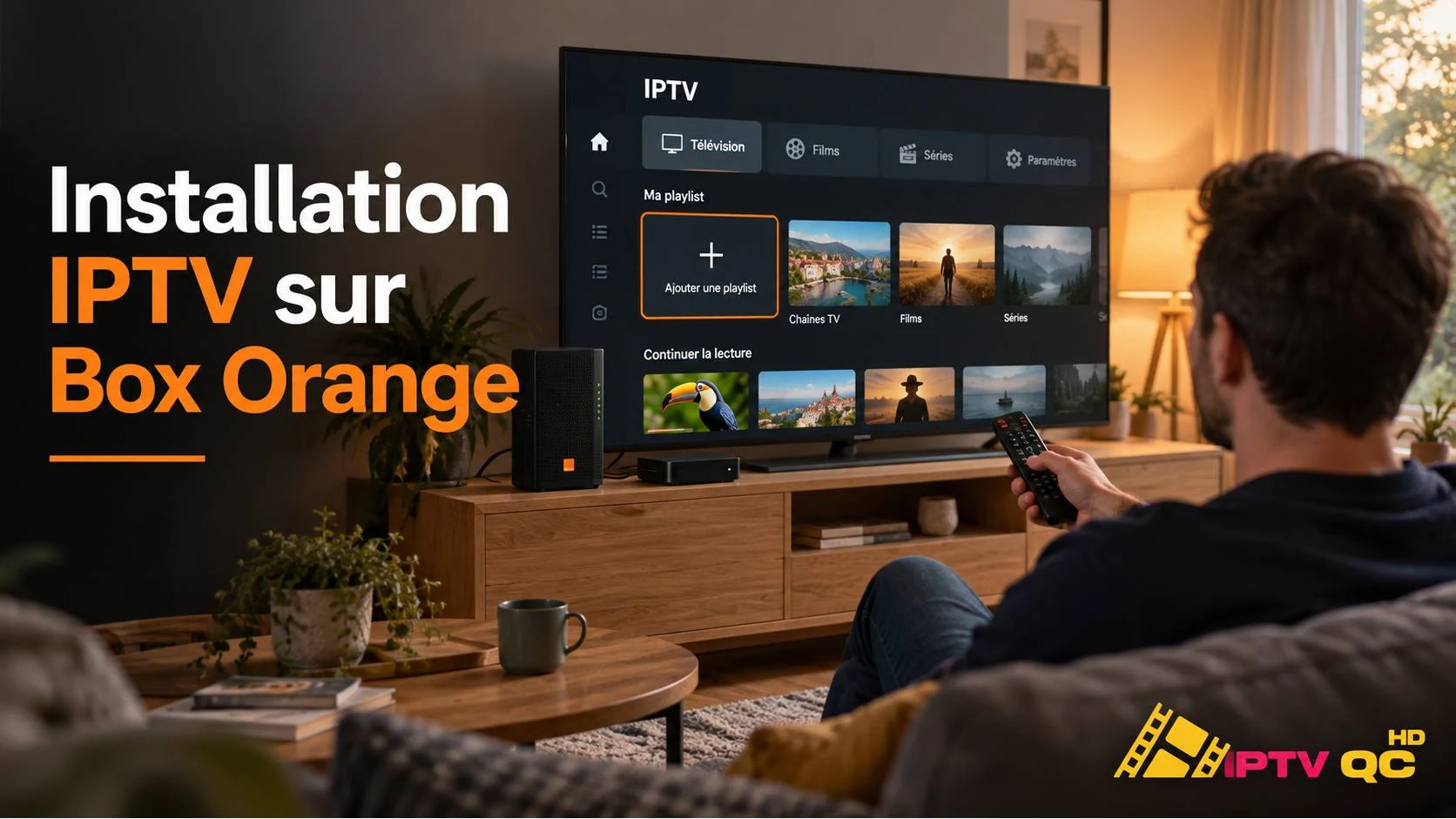Salon avec une Livebox Orange et un téléviseur affichant une application IPTV, avec le titre « Installation IPTV sur Box Orange »