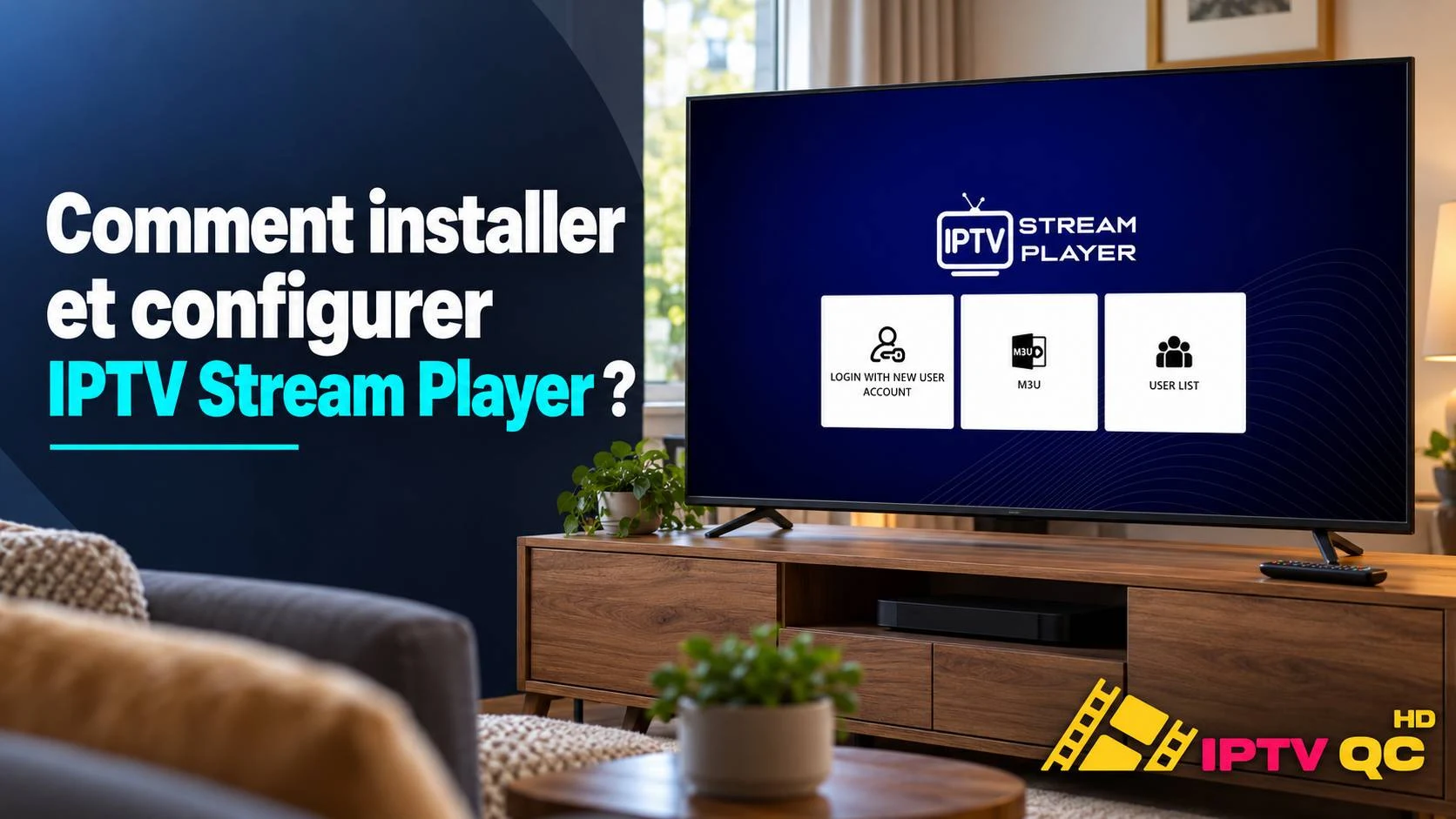 Téléviseur affichant l’écran d’accueil d’IPTV Stream Player (Login with new user account, M3U, User list), avec le titre « Comment installer et configurer IPTV Stream Player ? »