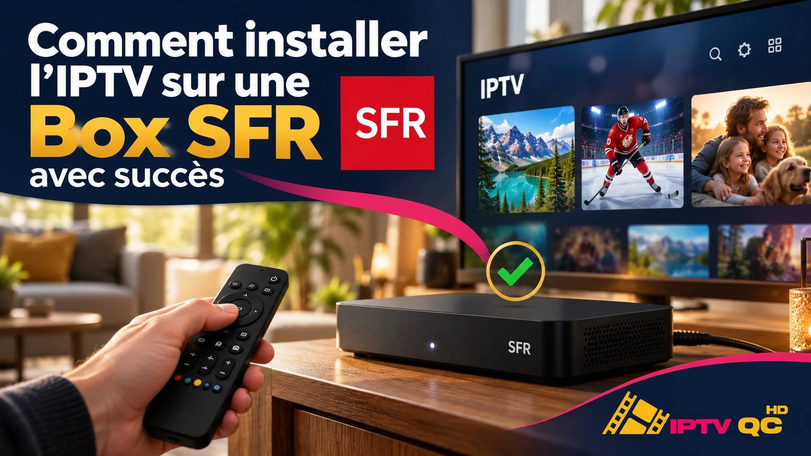 Box SFR avec une coche verte devant un téléviseur affichant une application IPTV, télécommande en main, avec le titre « Comment installer l’IPTV sur une Box SFR avec succès »