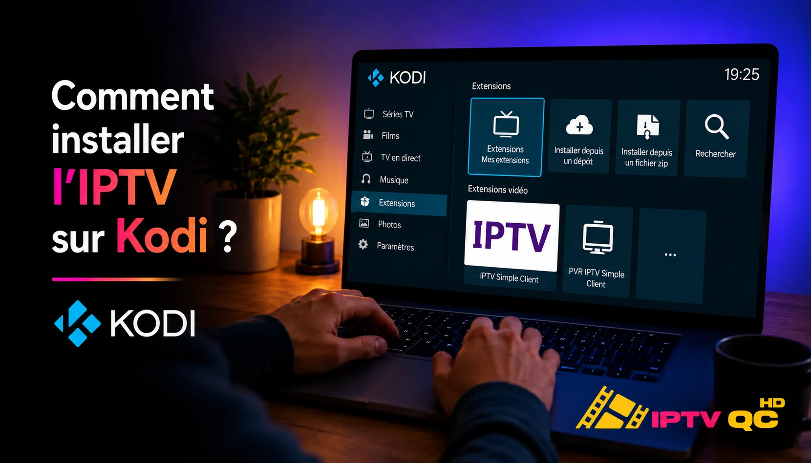 Ordinateur portable affichant le menu Extensions de Kodi avec IPTV Simple Client, avec le titre « Comment installer l’IPTV sur Kodi ? »